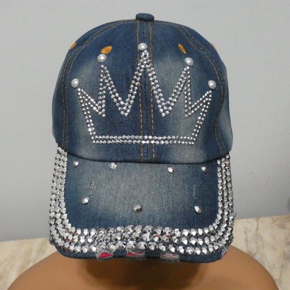 Frayed denim cap with crown tiara of sparkling silver metal faced riveted beads Baseball Cap Women Retro Street Crown Beads Denim Sunshade  main image 4